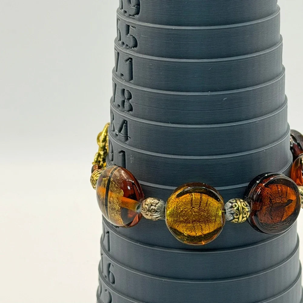 Murano Style Amber Gold Foil Art Glass Bead Bracelet Toggle Clasp Boho Statement